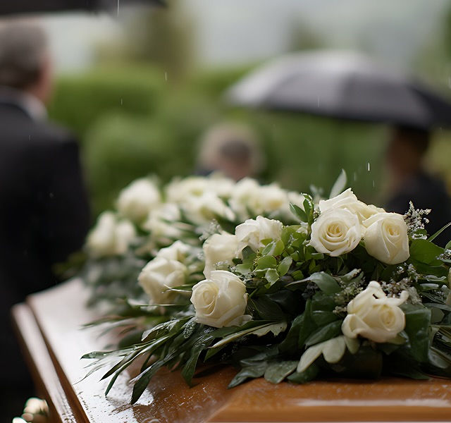 flowers on top of a coffin