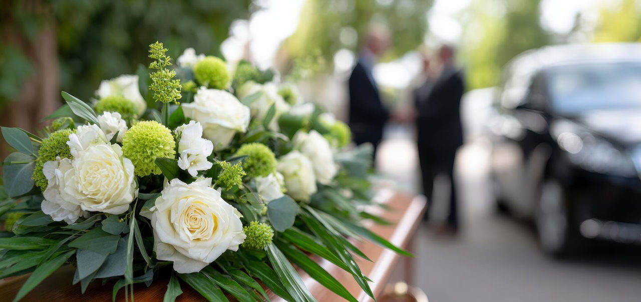 flowers on top of a coffin