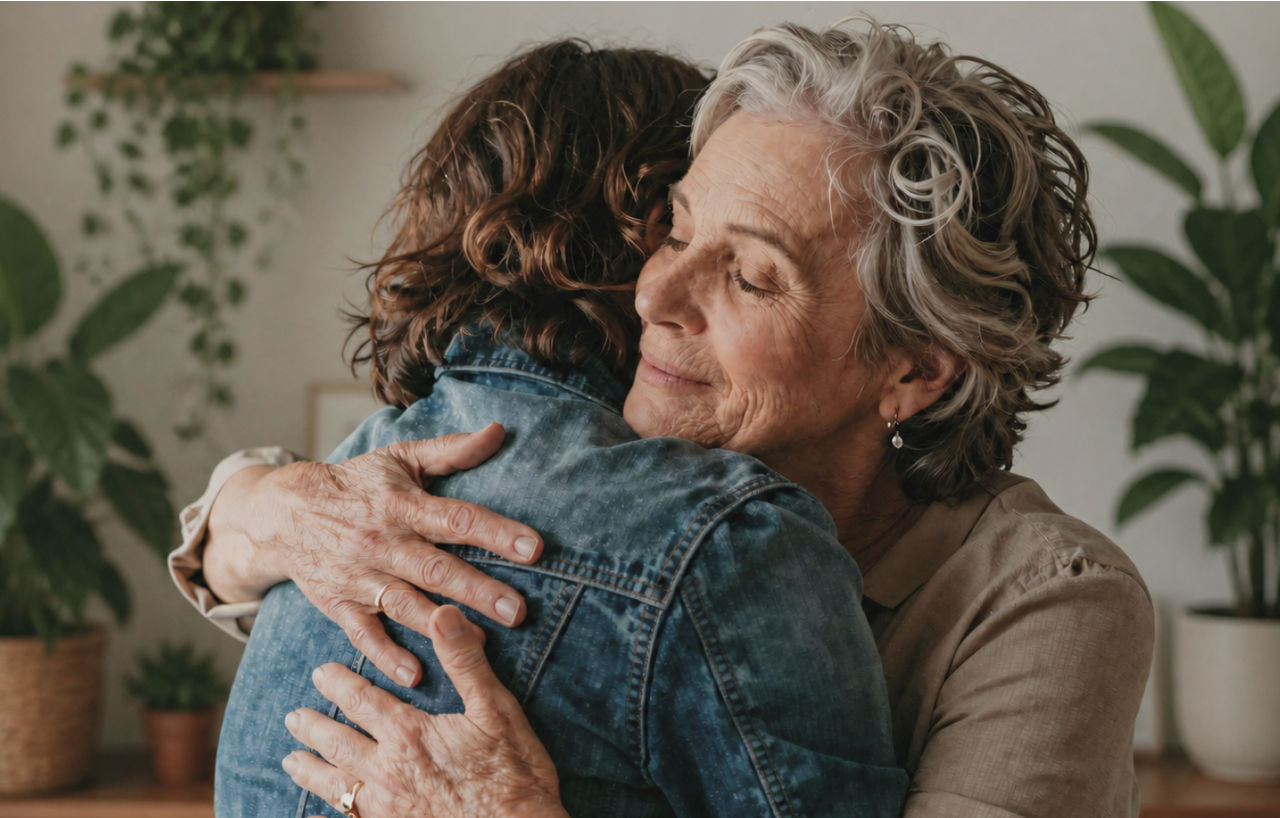 two women hugging on couch